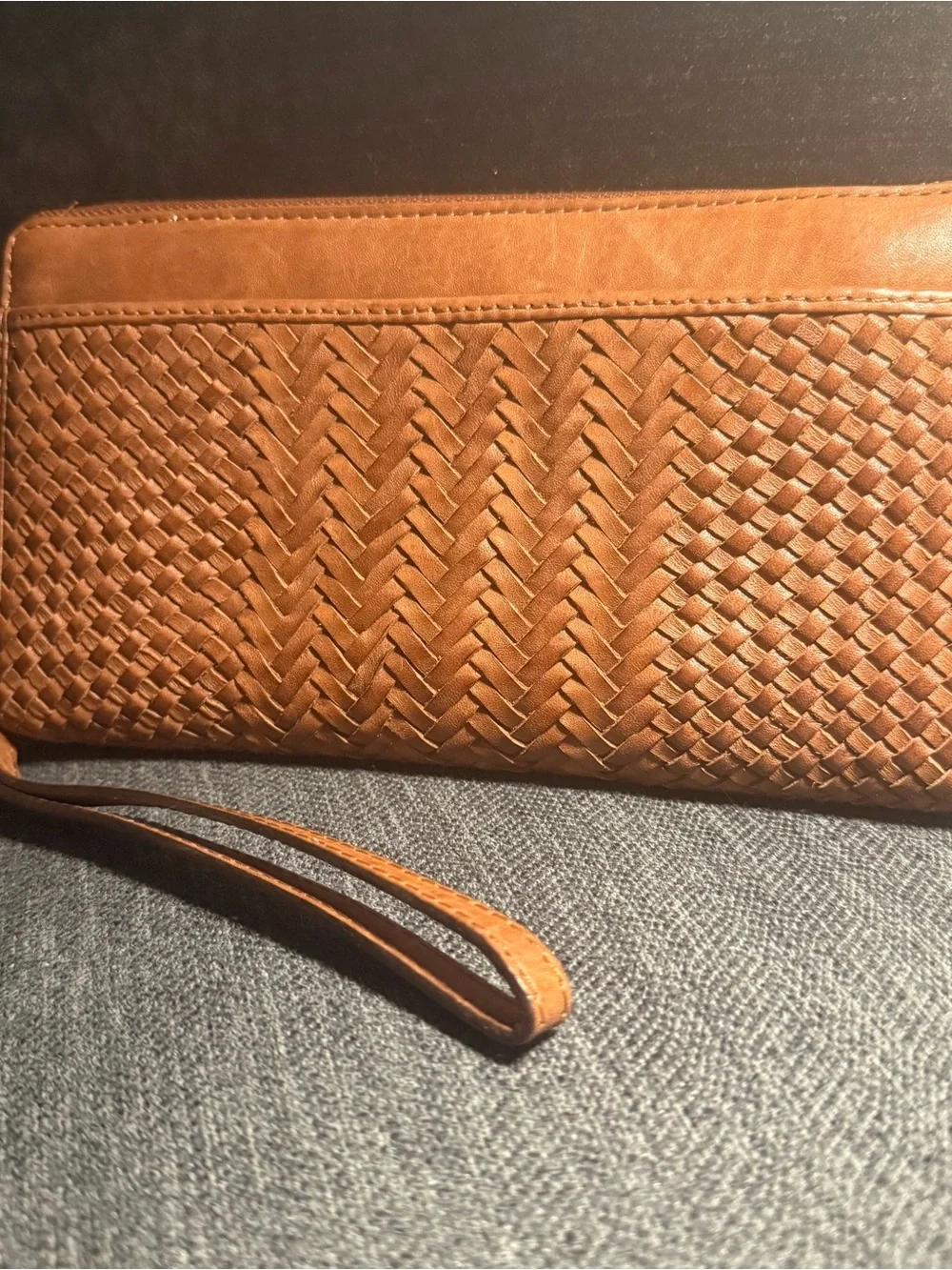 Woven Leather Wristlet Clutch - Tan Pre-owned Good Condition